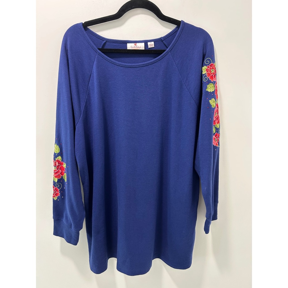 Quacker Factory Royal Blue Floral Embroidered Rhinestone Top Womens 1X